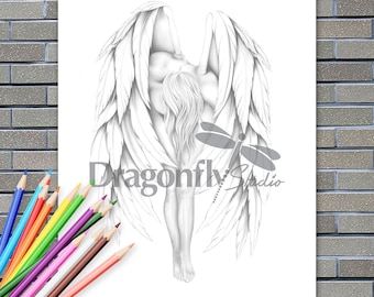 ANGEL ABOVE, Coloring page (PDF instant download, Adult Coloring Page, wings and figure art)