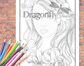 INNOCENCE TWO, Faces In Floral (PDF instant download, Coloring Pages, Adult Coloring Pages, Coloring Books for Adults)