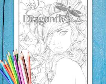 ISLAND GIRL, Faces In Floral (PDF instant download, Coloring Pages, Adult Coloring Pages, Coloring Books for Adults)