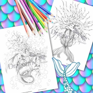 MERMAID SERIES, 4 Coloring pages (PDF instant download, Line and Greyscale Adult Coloring Page)