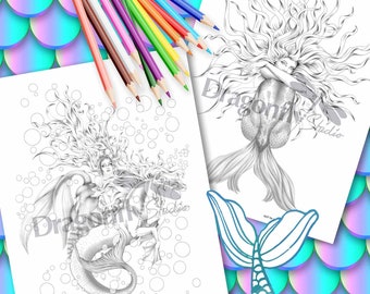 MERMAID SERIES, 4 Coloring pages (PDF instant download, Line and Greyscale Adult Coloring Page)