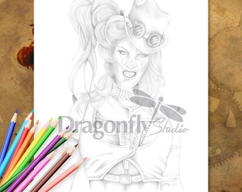 STEAMPUNK CLOWN, Coloring page (PDF instant download, Adult Colouring Page, Victorian female clown portrait art)