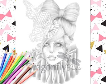 ENTERTAINER CLOWN, Coloring page (PDF instant download, Adult Coloring Page, Gaga, bow tie hair, female clown portrait art)