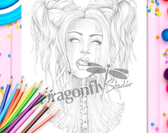 SEXY CLOWN, Coloring page (PDF instant download, Adult Coloring Page, Goth female clown portrait art)