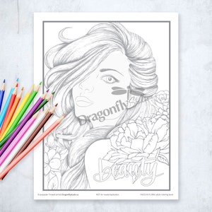 BEAUTY, Faces In Floral (PDF instant download, Coloring Pages, Adult Coloring Pages, Coloring Books for Adults)