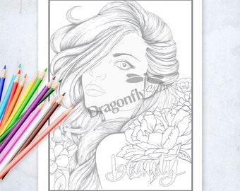 BEAUTY, Faces In Floral (PDF instant download, Coloring Pages, Adult Coloring Pages, Coloring Books for Adults)