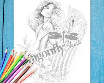 ANGELIC STRENGTH, Coloring page (PDF instant download, Adult Coloring Page, wings and figure art)