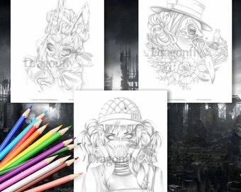 APOCALYPTIC BUNDLE, 3 Coloring pages (JPG instant download, Adult Coloring Page)