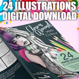 CLOWN AROUND with Colour, 24 Coloring pages (4 PDF instant download, Adult Coloring Page, woman, clown, portrait art)