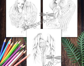 ANGEL SERIES, 3 Coloring pages (PDF instant download, Adult Coloring Page, wings and figure art)