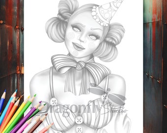 JIGSAWED CLOWN, Coloring page (PDF instant download, Adult Coloring Page, Goth horror female clown portrait art)