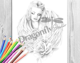 ANGELIC ANGEL, Coloring page (PDF instant download, Adult Coloring Page, wings and figure art)