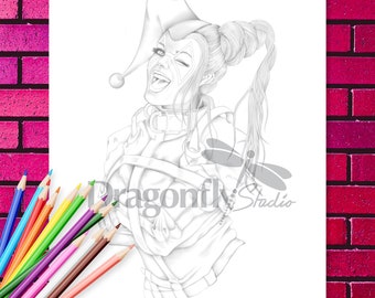 HARLEY CLOWN, Coloring page (PDF instant download, Adult Colouring Page, joker, Harley Quinn female clown portrait art)