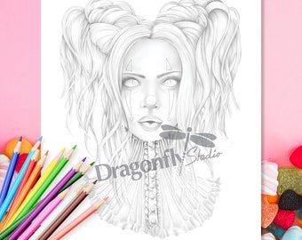 SILLY CLOWN, Coloring page (PDF instant download, Adult Coloring Page, Goth female clown portrait art)