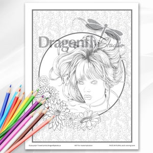 MAGIC TWO, Faces In Floral (PDF instant download, Coloring Pages, Adult Coloring Pages, Coloring Books for Adults)