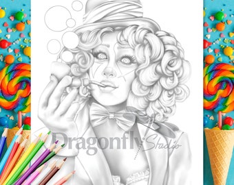 BUBBLES CLOWN, Coloring page (PDF instant download, Adult Coloring Page, surprised, silly, female clown portrait art)