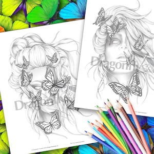 | BUTTERFLY GIRLS Ensemble de coloriage (2 JPG à télécharger instantanément, coloriage adulte, portrait féminin)