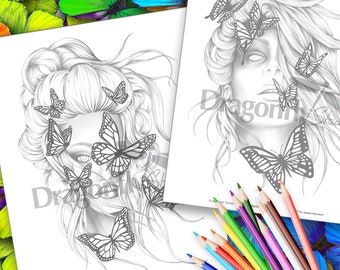 BUTTERFLY GIRLS | Coloring page bundle (2 JPG instant download, adult colouring page, female portrait art)