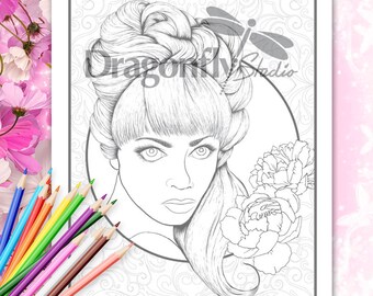 AMOUR TWO, Faces In Floral (PDF instant download, Coloring Pages, Adult Coloring Pages, Coloring Books for Adults)