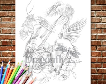 CARRIED AWAY | Coloring page (JPG instant download, adult colouring page, female portrait art)