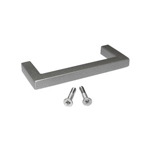 May include: A silver cabinet pull with a rectangular shape and rounded corners. The pull comes with two silver screws.