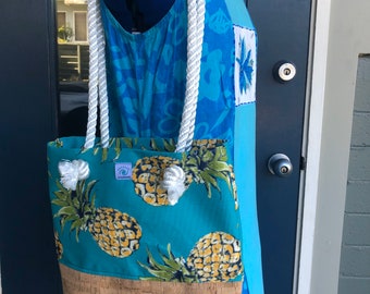 TammyMade808 Small Tropical Beach Tote with Cork of Hawaiian pineapple indoor outdoor fabric