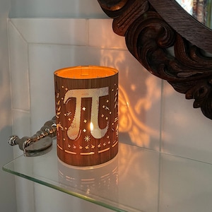 Monogram PI symbol for PI day in a  Candle Cover with Pi Symbol in wood and glass candle for math decor or mathematics gift or math art