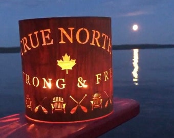 True North design lantern for Canada True North Strong Free in a Canada Day Decor for patriots and fathers day gift as a candle centerpiece