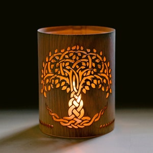 Celtic Tree of Life gift Candle Centerpiece and Memorial candle and tree of life lantern made as a Wood and Glass Candle Holder