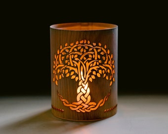 Celtic Tree of Life gift Candle Centerpiece and Memorial candle and tree of life lantern made as a Wood and Glass Candle Holder