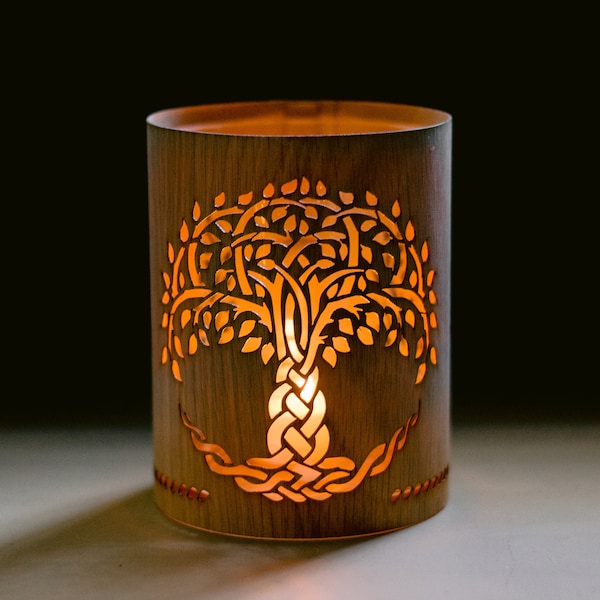 Celtic Tree of Life gift Candle Centerpiece and Memorial candle and tree of life lantern made as a Wood and Glass Candle Holder