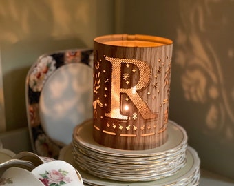 Personalized Letter R Candle Holder and Centerpiece Lantern made of Wood and Glass for that personal decor need !