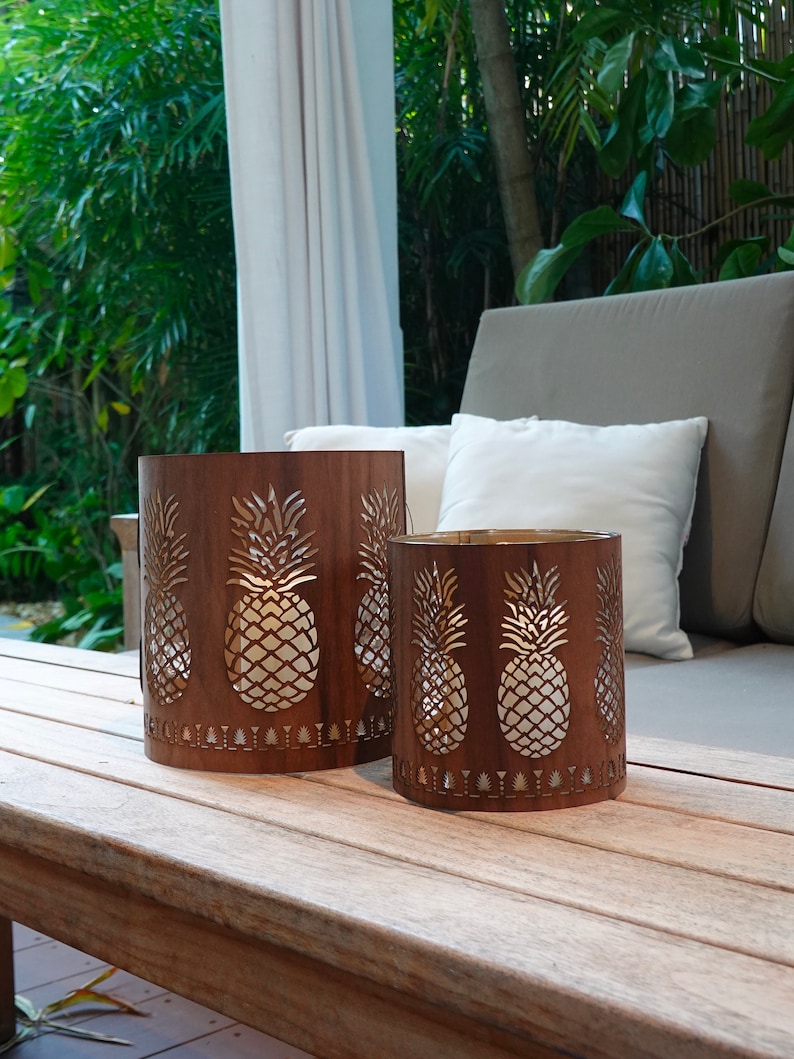 Pineapple Wood and Glass Hurricane lantern natural wood Etsy