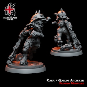 May include: Gray 3D printed miniature of a goblin wearing a helmet and holding a weapon. The goblin is on roller skates and has a mischievous expression. The miniature is labeled "Tara - Goblin Artificer Premium Miniature".