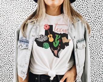 Texas Shirt, Cow Print Cowgirl Hat, Western Shirt, Texas Home Shirt, Texas Map Shirt, Texas Lover, Texas Pride Shirt, Cute Texas Boho Shirt