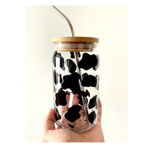 Cow Print Can Glass Cup, Iced Coffee Glass, Glass Coffee Cup, Aesthetic Glass Cup, Western, Animal Print, 16 20 oz Glass Can Cup, Bamboo Lid