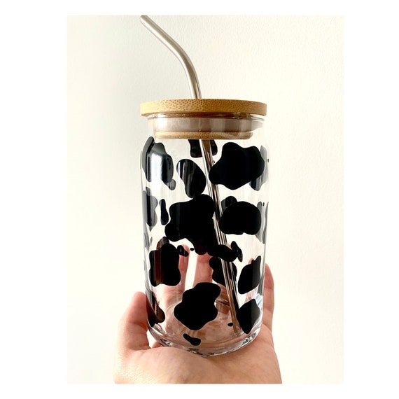 Cow Print Can Glass Cup, Iced Coffee Glass, Glass Coffee Cup