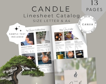 Plantilla de catálogo de hoja de líneas de velas, plantilla de lista de precios al por mayor, folleto de hoja de líneas de 13 páginas, Canva editable, hoja de ventas de productos, CMB