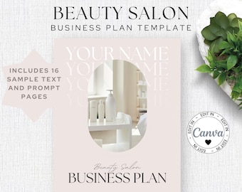 May include: A pink and white digital download template for a beauty salon business plan. The template includes 77+ pages and is fully editable in Canva. The text "YOUR NAME" is repeated in a circle on the template. The template is available in A4 and Letter sizes.