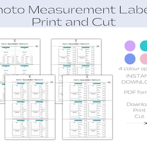 Può includere: Etichette di misurazione fotografica stampabili in formato PDF. Le etichette sono progettate per essere ritagliate e utilizzate per misurare le foto. Le etichette sono disponibili in quattro colori: viola, verde acqua, blu e rosa.