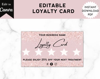 Plantilla de tarjeta de fidelidad editable en oro rosa, tarjeta de recompensas personalizable, plantilla imprimible de tarjeta de fidelidad DIY