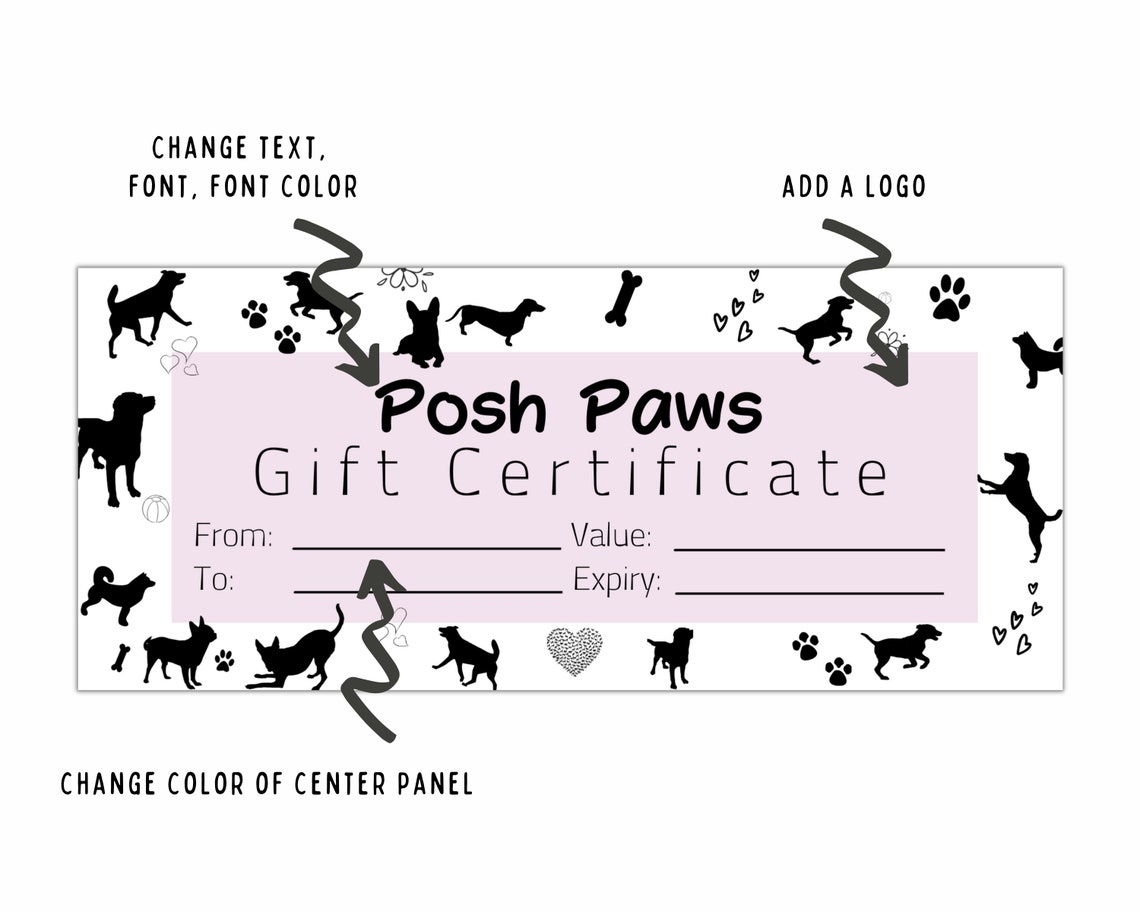Dog Gift Certificate Printable Template. DIY Editable Gift Card, Add Dog Gift Certificate Printable Template. DIY Editable Gift Card, Add