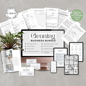Op de afbeelding: Een digitale marketingbundel voor schoonmaakbedrijven. De bundel bevat meer dan 90 volledig bewerkbare sjablonen voor bedrijfsformulieren, social media-berichten, prijslijsten, schoonmaakchecklists, zakelijke en loyaliteitskaarten, cadeaubonnen, personeelsdocumenten, contracten en meer. De sjablonen worden weergegeven op een computerscherm, tablet en telefoon.