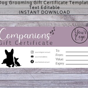 Plantilla de certificado de regalo para peluquería canina. Vale de regalo de bricolaje para pequeñas empresas. Añade tu logotipo. Descarga digital editable.
