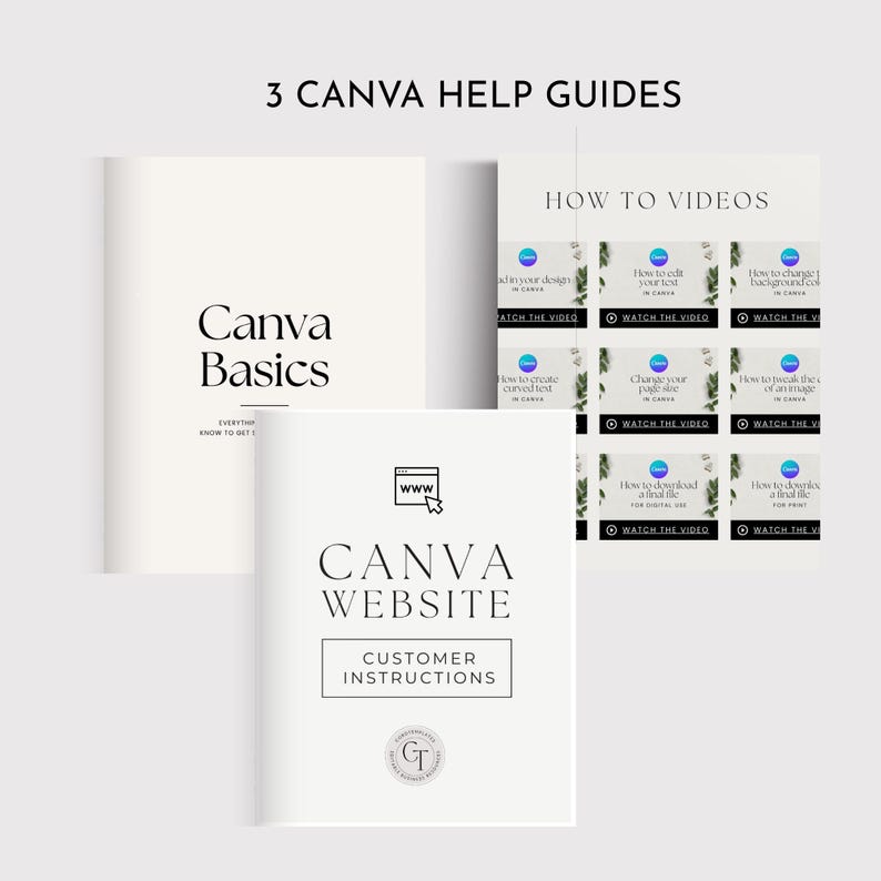 May include: Three Canva help guides are displayed, including a book titled "Canva Basics" and a guide for the Canva website. The guides are white with black text. A third guide shows "How to Videos" with video titles and watch buttons.