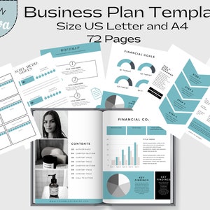 Puede incluir: Una plantilla de plan de negocios de 72 páginas, diseñada para los tamaños US Letter y A4. La plantilla incluye secciones para objetivos de redes sociales, objetivos financieros, una hoja de ruta, una descripción general financiera y una llamada a la acción. La plantilla está diseñada en un estilo moderno con un esquema de color azul y blanco.