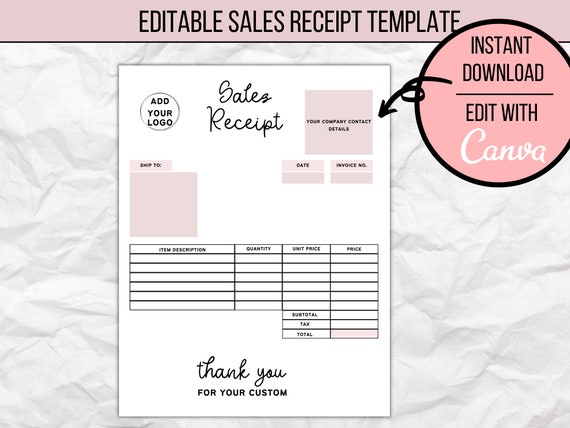editable business sales receipt template customizable and etsy