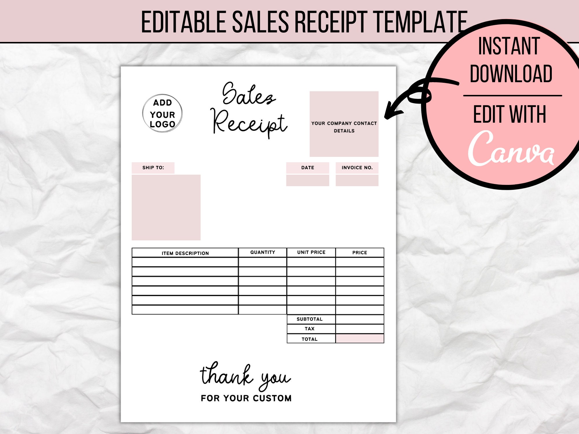 pink custom editable business sales receipt template etsy