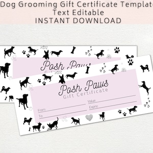 Plantilla de certificado de regalo de peluquería canina. Vale de regalo de bricolaje para pequeñas empresas. Añade tu logotipo. Descarga digital editable.