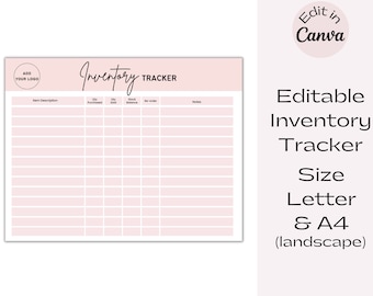 Könnte beinhalten: Eine druckbare Inventar-Tracker-Vorlage in Rosa und Weiß mit dem Text "Inventory Tracker" in Schwarz. Die Vorlage enthält Spalten für Artikelbeschreibung, gekaufte Menge, verkaufte Menge, Lagerbestand, Nachbestellung und Notizen.